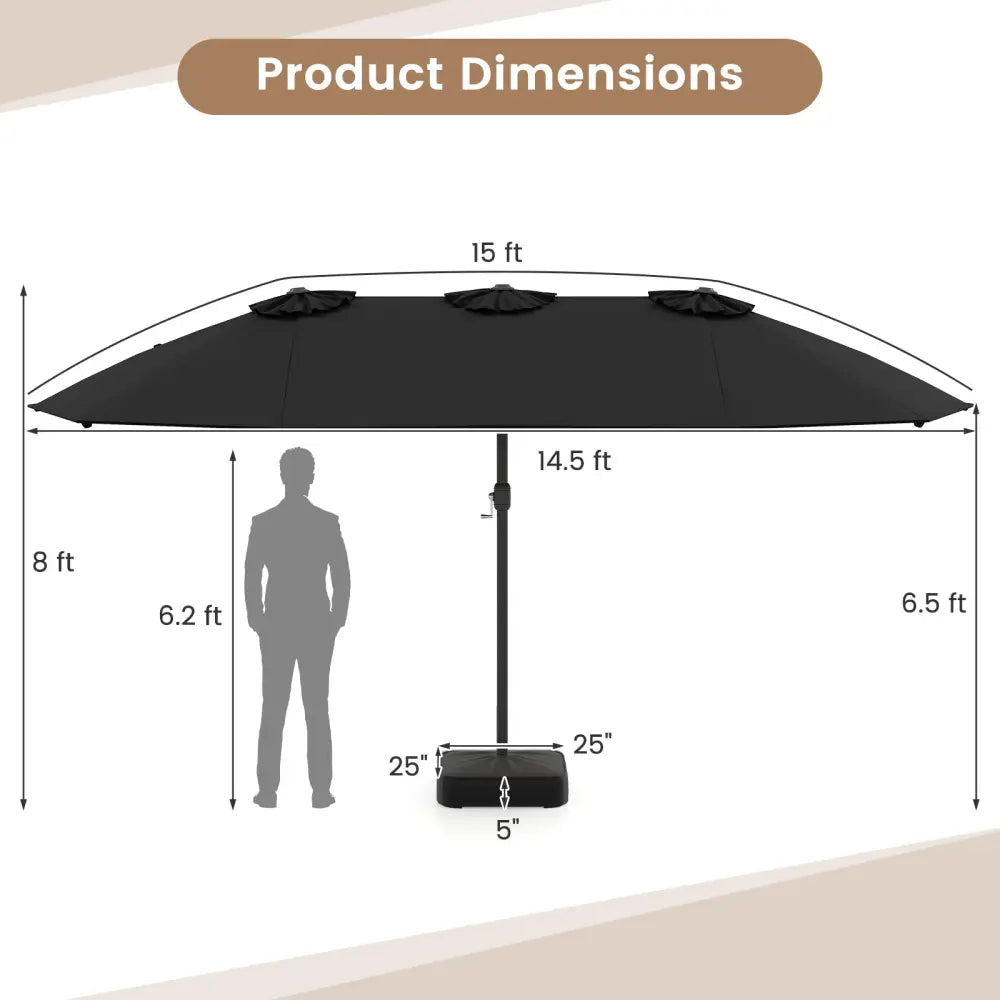 15 Feet Double-Sided Twin Patio Umbrella with Crank and Base-Black - Black - Outdoor Umbrellas