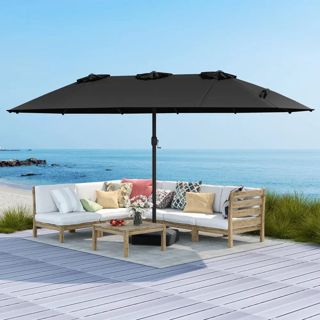 15 Feet Double-Sided Twin Patio Umbrella with Crank and Base-Black - Black - Outdoor Umbrellas