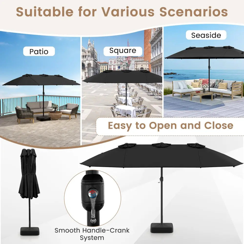 15 Feet Double-Sided Twin Patio Umbrella with Crank and Base-Black - Black - Outdoor Umbrellas