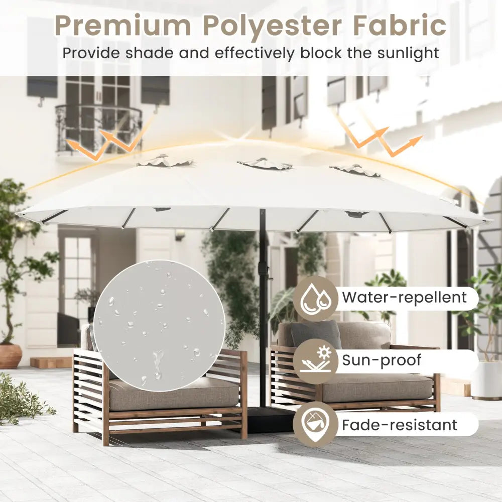 15 Feet Double-Sided Twin Patio Umbrella with Crank and Base Coffee in Outdoor Market-Beige - Beige - Outdoor Umbrellas