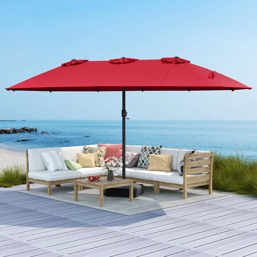 15 Feet Double-Sided Twin Patio Umbrella with Crank and Base Coffee in Outdoor Market-Wine - Red - Outdoor Umbrellas