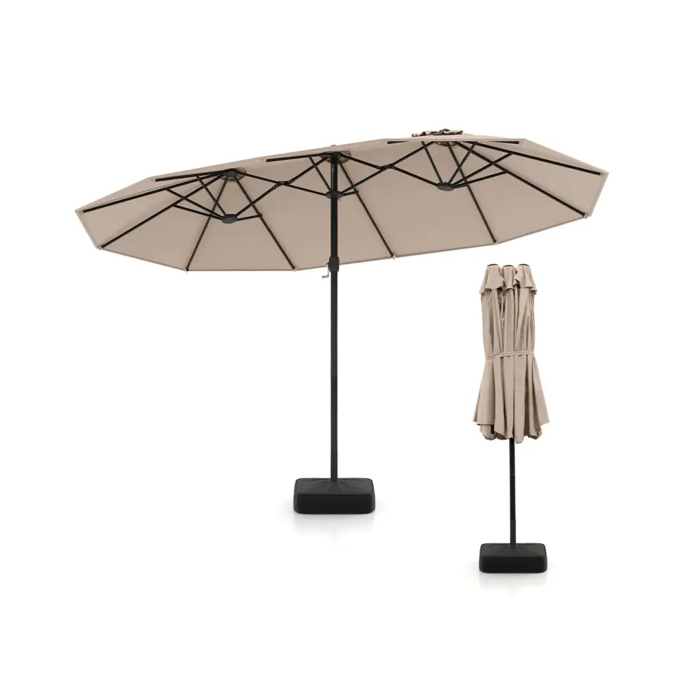 15 Feet Double-Sided Twin Patio Umbrella with Crank and Base Coffee in Outdoor Market-Coffee - Brown - Outdoor Umbrellas