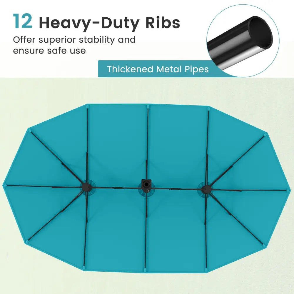 15 Feet Double-Sided Twin Patio Umbrella with Crank and Base Coffee in Outdoor Market-Turquoise - Turquoise - Outdoor