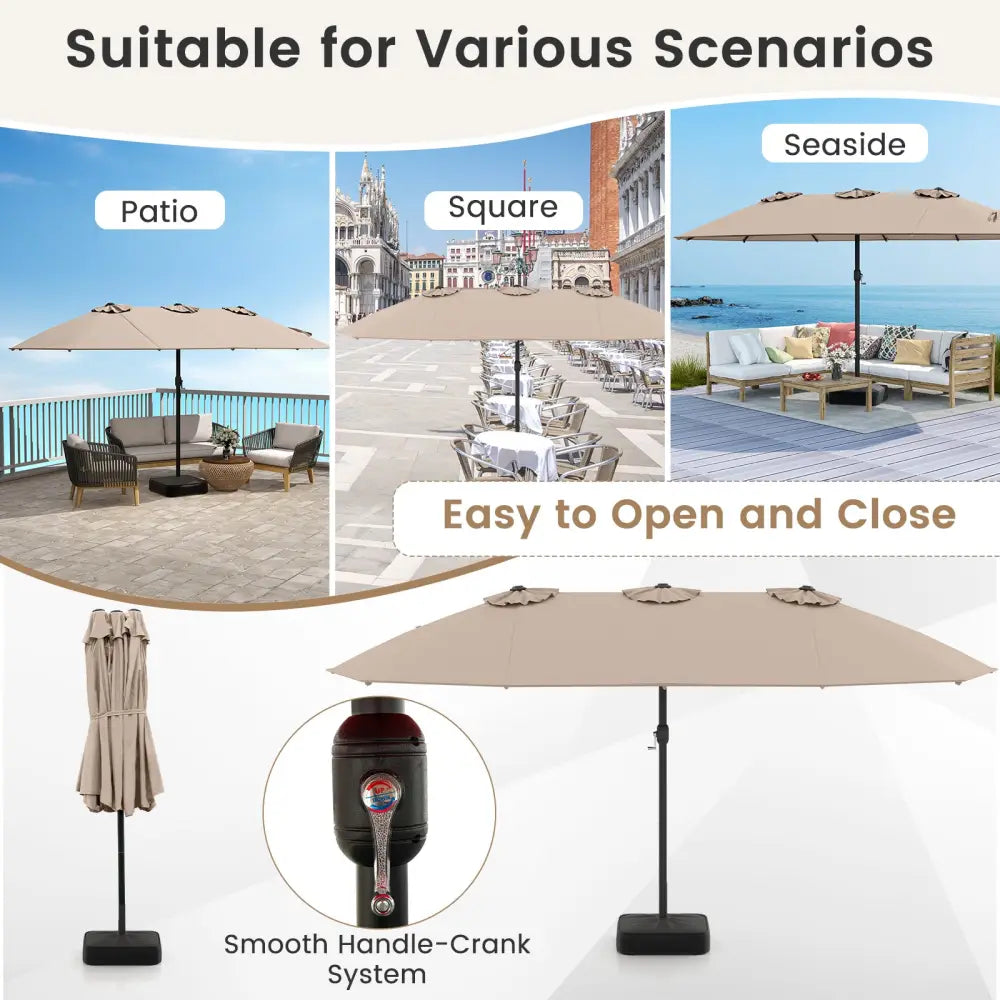 15 Feet Double-Sided Twin Patio Umbrella with Crank and Base Coffee in Outdoor Market-Coffee - Brown - Outdoor Umbrellas