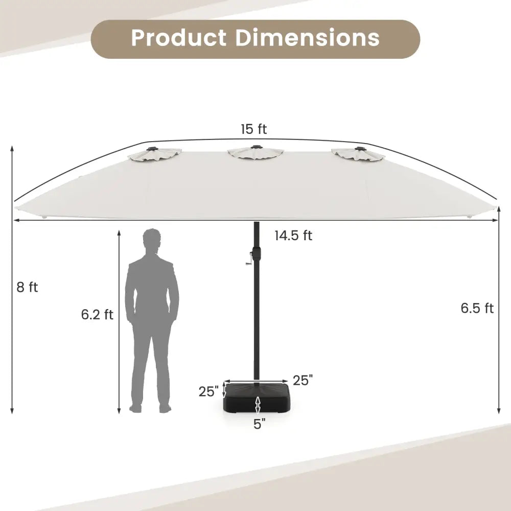 15 Feet Double-Sided Twin Patio Umbrella with Crank and Base Coffee in Outdoor Market-Beige - Beige - Outdoor Umbrellas