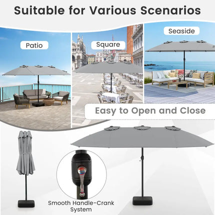 15 Feet Double-Sided Twin Patio Umbrella with Crank and Base Coffee in Outdoor Market-Gray - Gray - Outdoor Umbrellas
