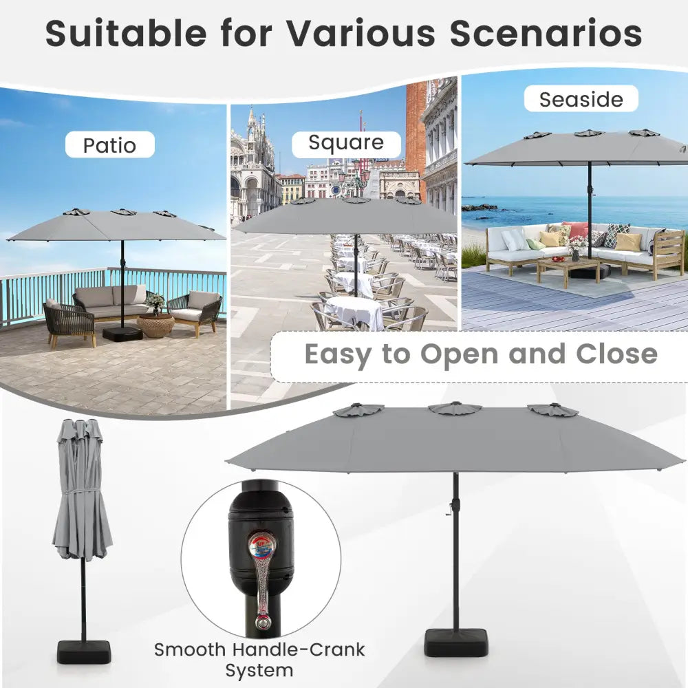 15 Feet Double-Sided Twin Patio Umbrella with Crank and Base Coffee in Outdoor Market-Gray - Gray - Outdoor Umbrellas