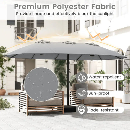 15 Feet Double-Sided Twin Patio Umbrella with Crank and Base Coffee in Outdoor Market-Gray - Gray - Outdoor Umbrellas