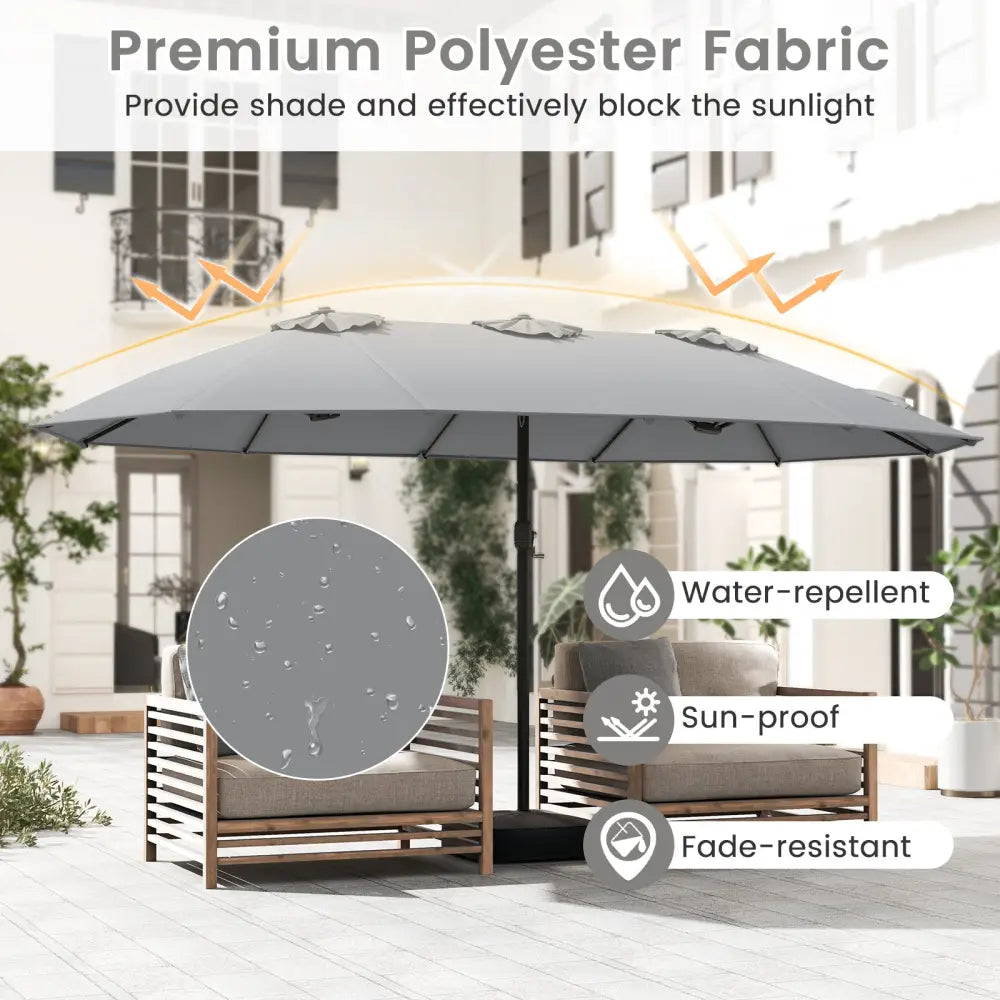 15 Feet Double-Sided Twin Patio Umbrella with Crank and Base Coffee in Outdoor Market-Gray - Gray - Outdoor Umbrellas