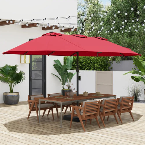 15 Feet Double-Sided Twin Patio Umbrella with Crank and Base Coffee in Outdoor Market-Wine - Red - Outdoor Umbrellas