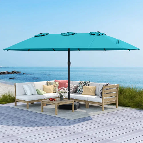 15 Feet Double-Sided Twin Patio Umbrella with Crank and Base Coffee in Outdoor Market-Turquoise - Turquoise - Outdoor