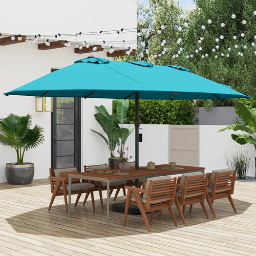 15 Feet Double-Sided Twin Patio Umbrella with Crank and Base Coffee in Outdoor Market-Turquoise - Turquoise - Outdoor