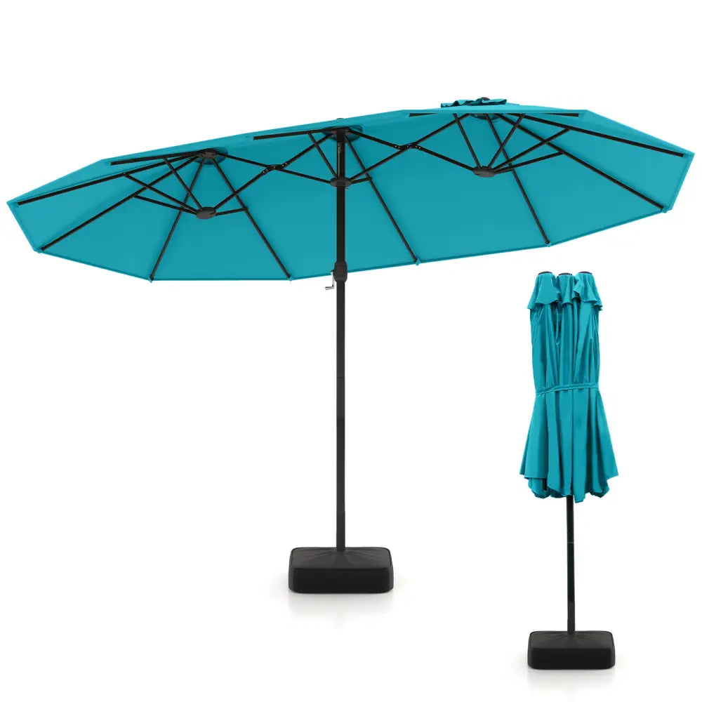15 Feet Double-Sided Twin Patio Umbrella with Crank and Base Coffee in Outdoor Market-Turquoise - Turquoise - Outdoor