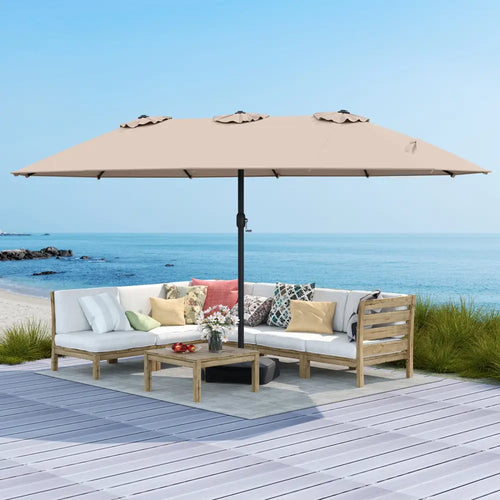 15 Feet Double-Sided Twin Patio Umbrella with Crank and Base Coffee in Outdoor Market-Coffee - Brown - Outdoor Umbrellas