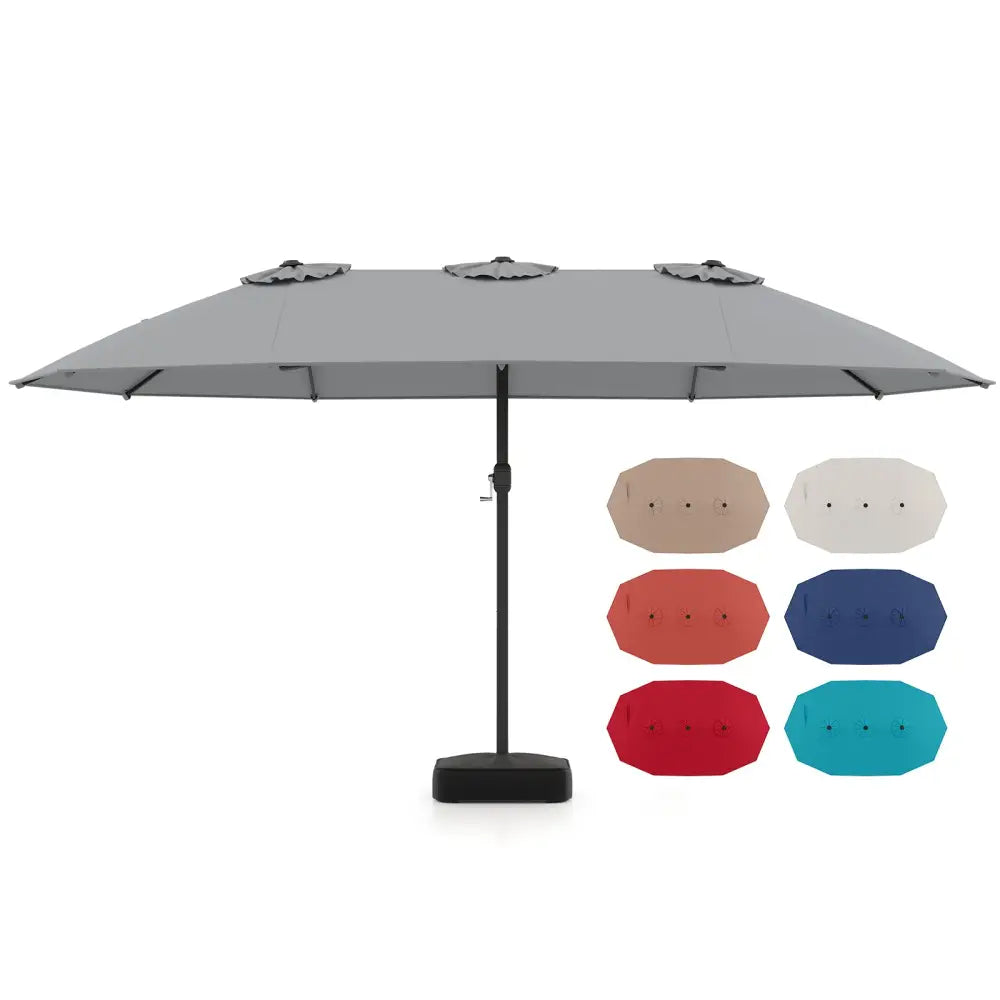 15 Feet Double-Sided Twin Patio Umbrella with Crank and Base Coffee in Outdoor Market-Gray - Gray - Outdoor Umbrellas