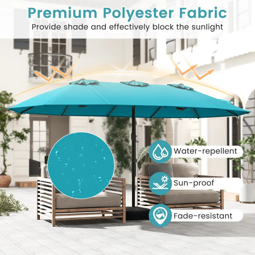 15 Feet Double-Sided Twin Patio Umbrella with Crank and Base Coffee in Outdoor Market-Turquoise - Turquoise - Outdoor