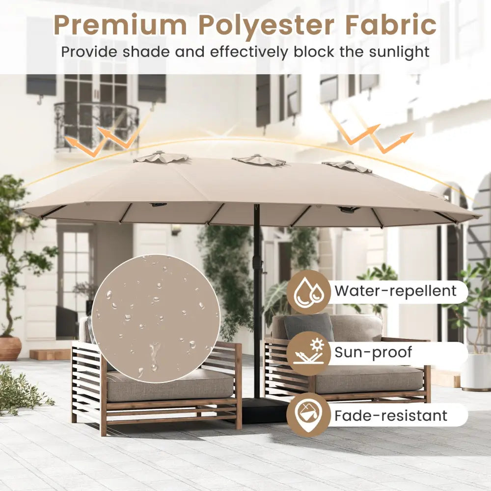 15 Feet Double-Sided Twin Patio Umbrella with Crank and Base Coffee in Outdoor Market-Coffee - Brown - Outdoor Umbrellas