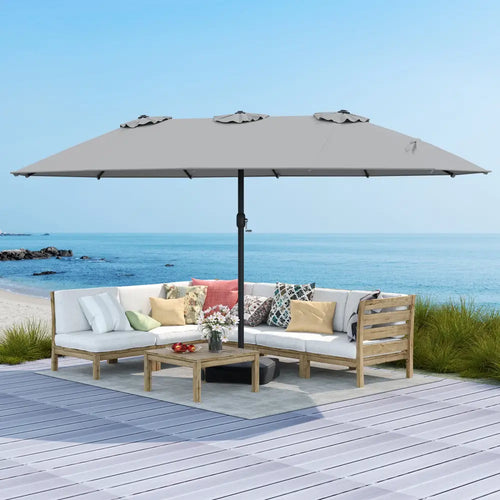 15 Feet Double-Sided Twin Patio Umbrella with Crank and Base Coffee in Outdoor Market-Gray - Gray - Outdoor Umbrellas