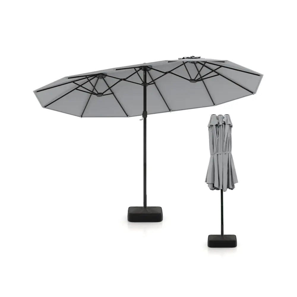 15 Feet Double-Sided Twin Patio Umbrella with Crank and Base Coffee in Outdoor Market-Gray - Gray - Outdoor Umbrellas