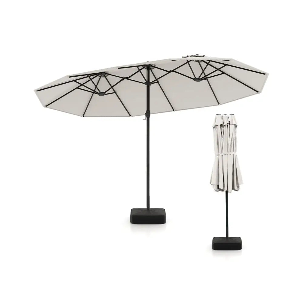 15 Feet Double-Sided Twin Patio Umbrella with Crank and Base Coffee in Outdoor Market-Beige - Beige - Outdoor Umbrellas