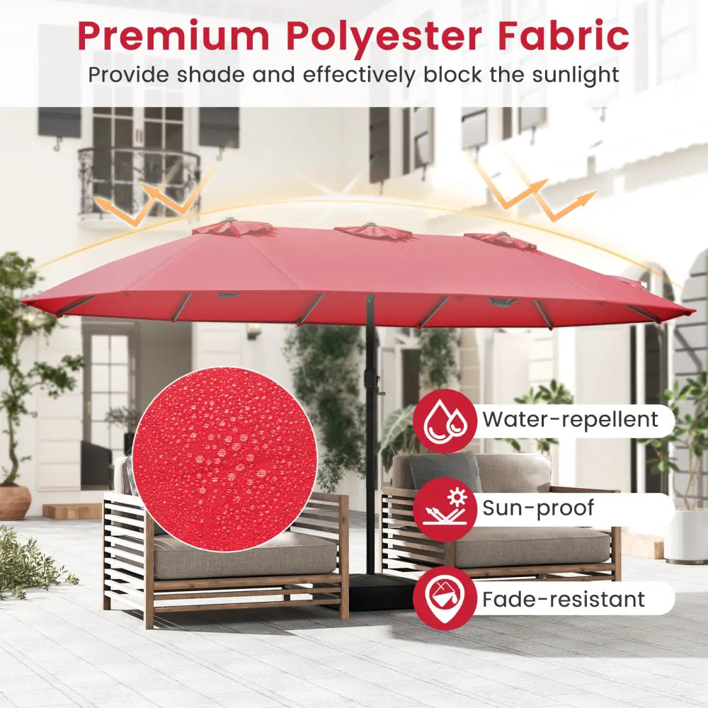 15 Feet Double-Sided Twin Patio Umbrella with Crank and Base Coffee in Outdoor Market-Wine - Red - Outdoor Umbrellas