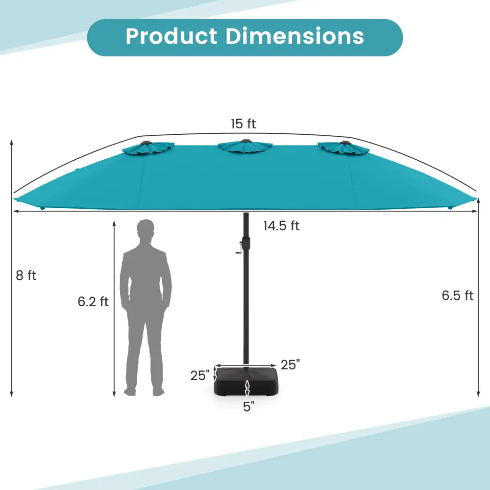15 Feet Double-Sided Twin Patio Umbrella with Crank and Base Coffee in Outdoor Market-Turquoise - Turquoise - Outdoor