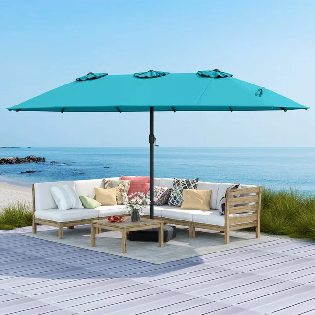 15 Feet Double-Sided Twin Patio Umbrella with Crank and Base Coffee in Outdoor Market-Turquoise - Turquoise - Outdoor