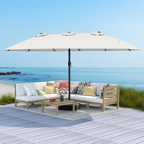 15 Feet Double-Sided Twin Patio Umbrella with Crank and Base Coffee in Outdoor Market-Beige - Beige - Outdoor Umbrellas