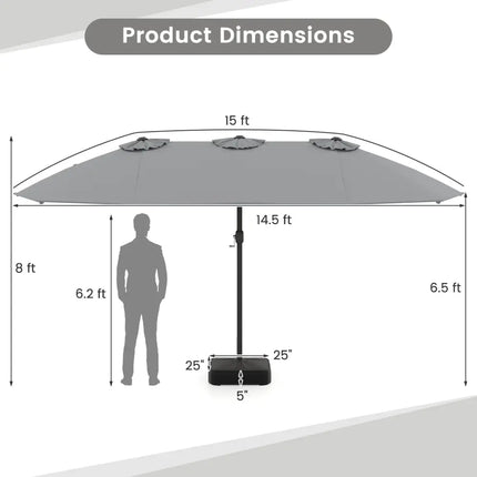 15 Feet Double-Sided Twin Patio Umbrella with Crank and Base Coffee in Outdoor Market-Gray - Gray - Outdoor Umbrellas