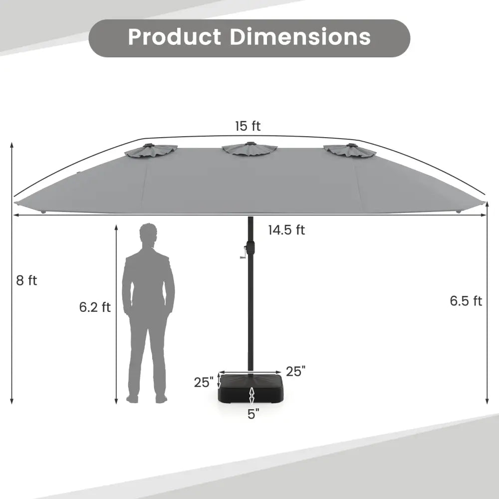 15 Feet Double-Sided Twin Patio Umbrella with Crank and Base Coffee in Outdoor Market-Gray - Gray - Outdoor Umbrellas