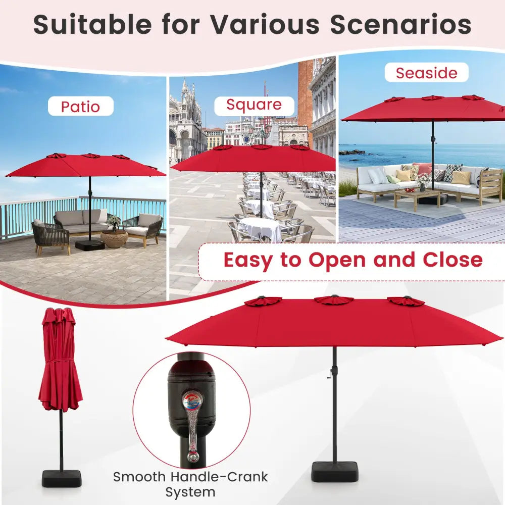 15 Feet Double-Sided Twin Patio Umbrella with Crank and Base Coffee in Outdoor Market-Wine - Red - Outdoor Umbrellas