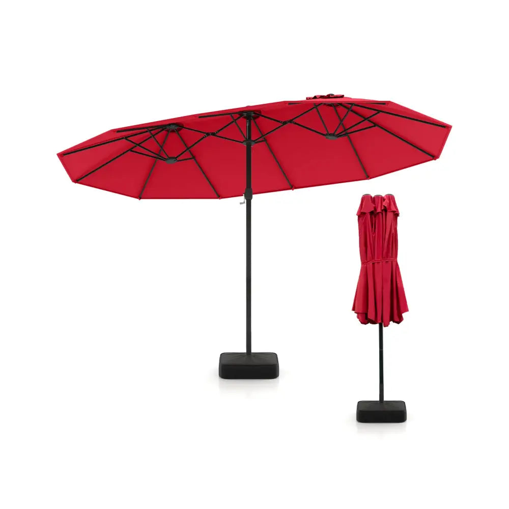 15 Feet Double-Sided Twin Patio Umbrella with Crank and Base Coffee in Outdoor Market-Wine - Red - Outdoor Umbrellas