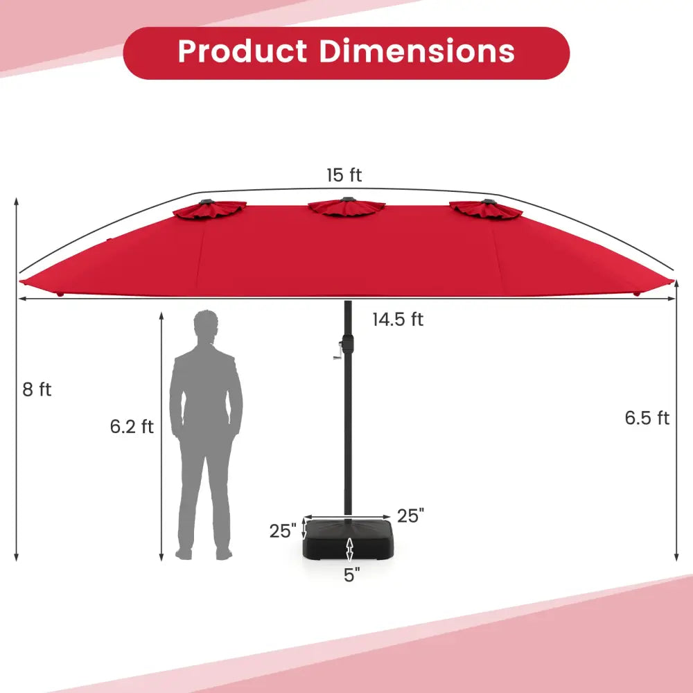 15 Feet Double-Sided Twin Patio Umbrella with Crank and Base Coffee in Outdoor Market-Wine - Red - Outdoor Umbrellas