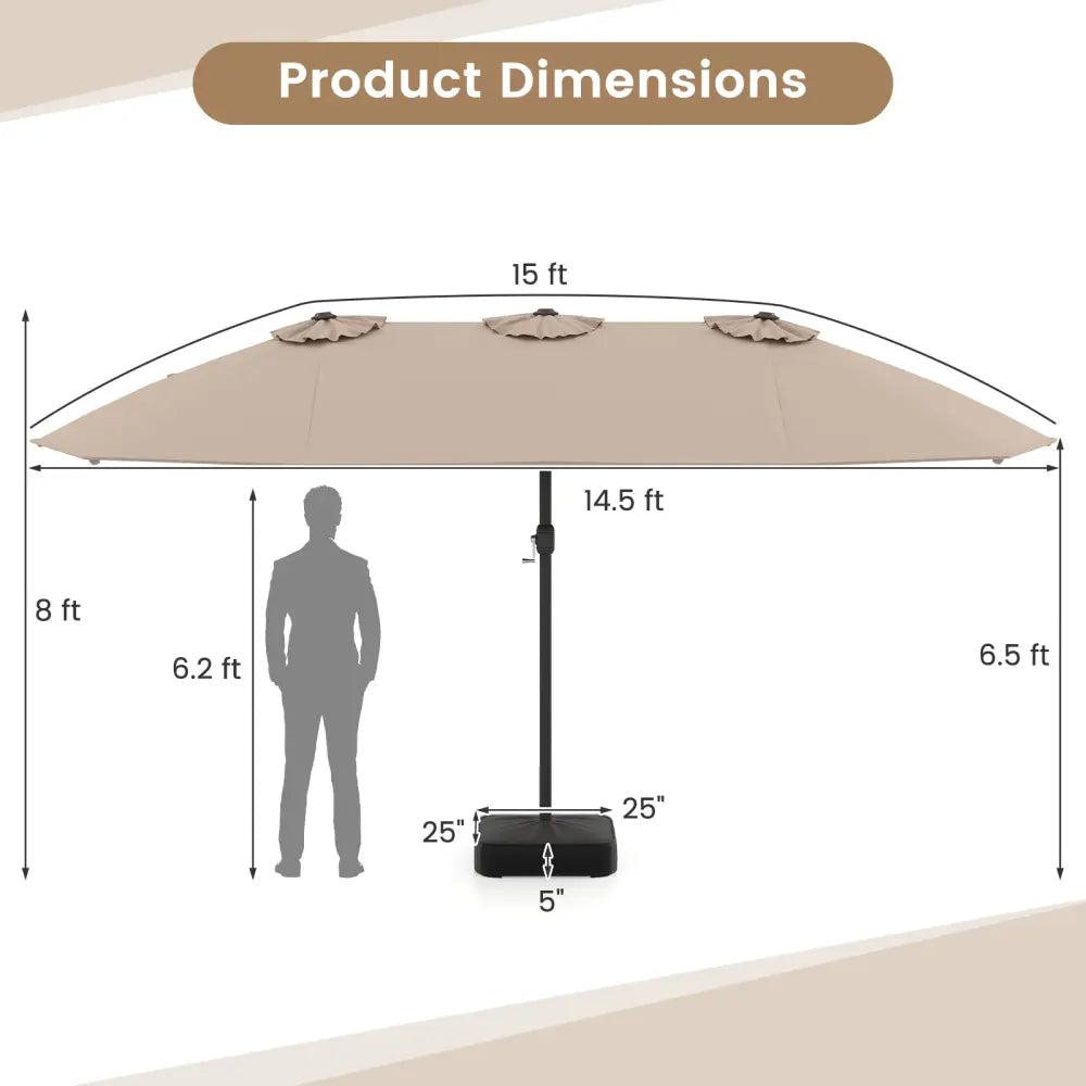 15 Feet Double-Sided Twin Patio Umbrella with Crank and Base Coffee in Outdoor Market-Coffee - Brown - Outdoor Umbrellas