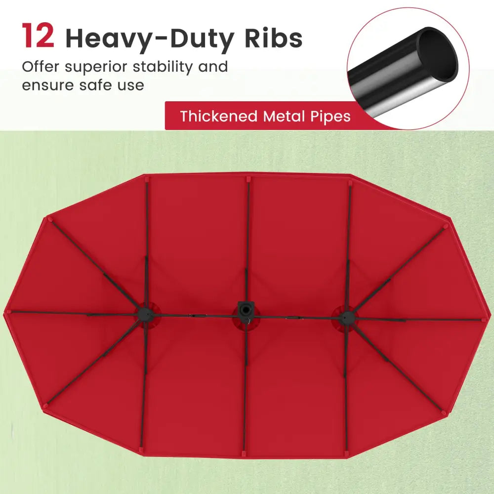 15 Feet Double-Sided Twin Patio Umbrella with Crank and Base Coffee in Outdoor Market-Wine - Red - Outdoor Umbrellas