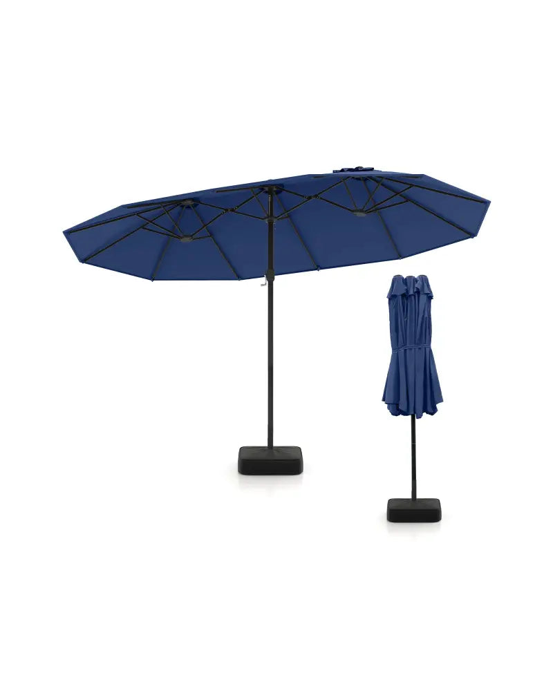 15 Feet Double-Sided Twin Patio Umbrella with Crank and Base-Navy - Navy - Outdoor Umbrellas