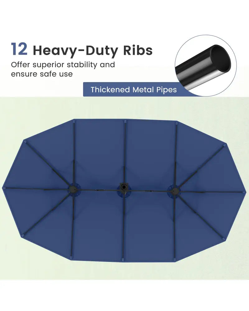 15 Feet Double-Sided Twin Patio Umbrella with Crank and Base-Navy - Navy - Outdoor Umbrellas