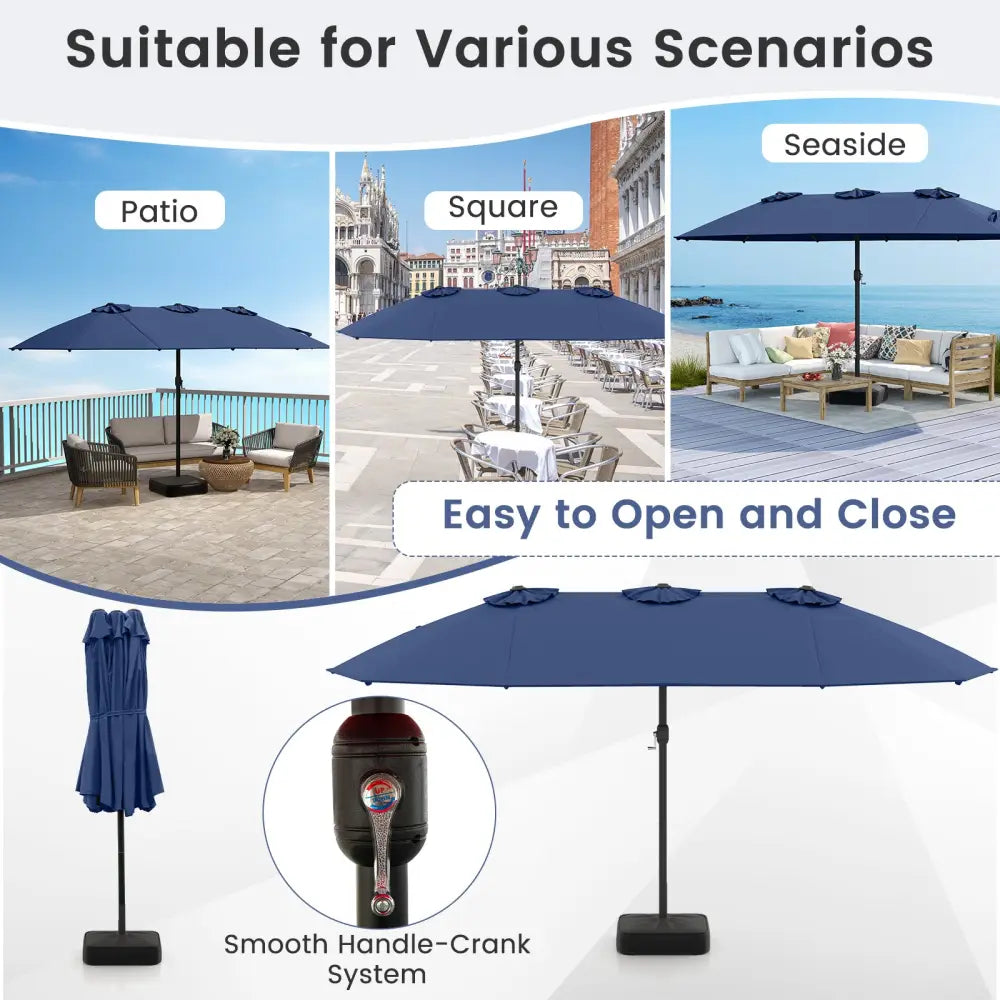 15 Feet Double-Sided Twin Patio Umbrella with Crank and Base-Navy - Navy - Outdoor Umbrellas