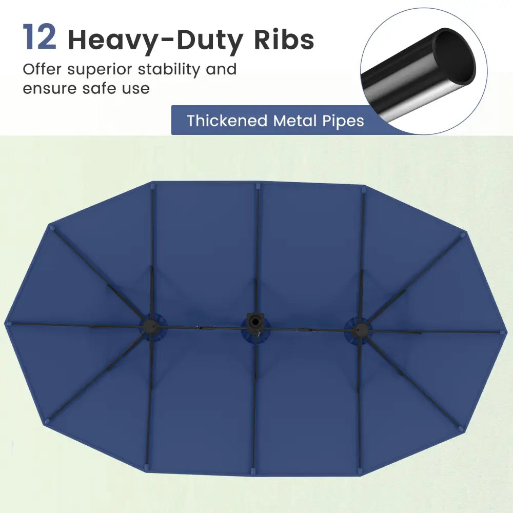 15 Feet Double-Sided Twin Patio Umbrella with Crank and Base-Navy - Navy - Outdoor Umbrellas