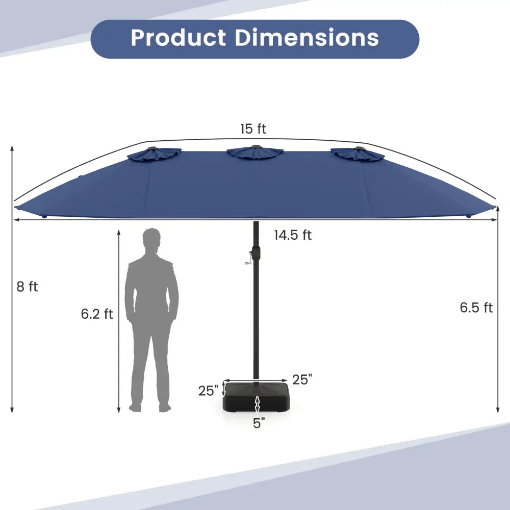 15 Feet Double-Sided Twin Patio Umbrella with Crank and Base-Navy - Navy - Outdoor Umbrellas