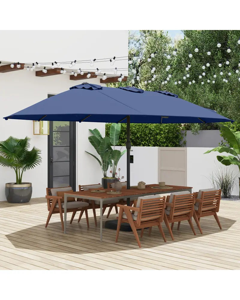 15 Feet Double-Sided Twin Patio Umbrella with Crank and Base-Navy - Navy - Outdoor Umbrellas