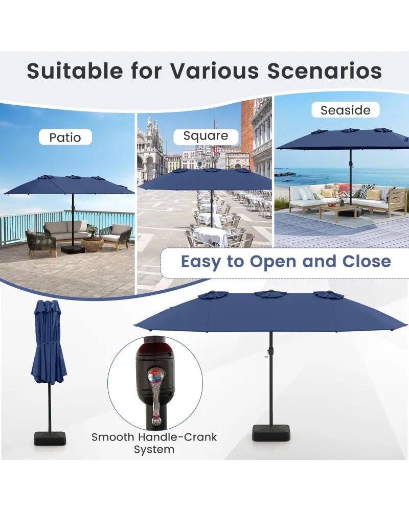 15 Feet Double-Sided Twin Patio Umbrella with Crank and Base-Navy - Navy - Outdoor Umbrellas
