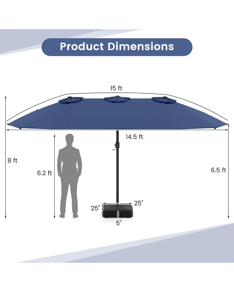 15 Feet Double-Sided Twin Patio Umbrella with Crank and Base-Navy - Navy - Outdoor Umbrellas
