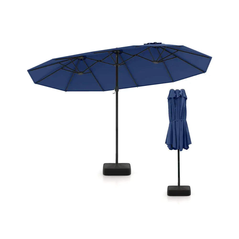 15 Feet Double-Sided Twin Patio Umbrella with Crank and Base-Navy - Navy - Outdoor Umbrellas