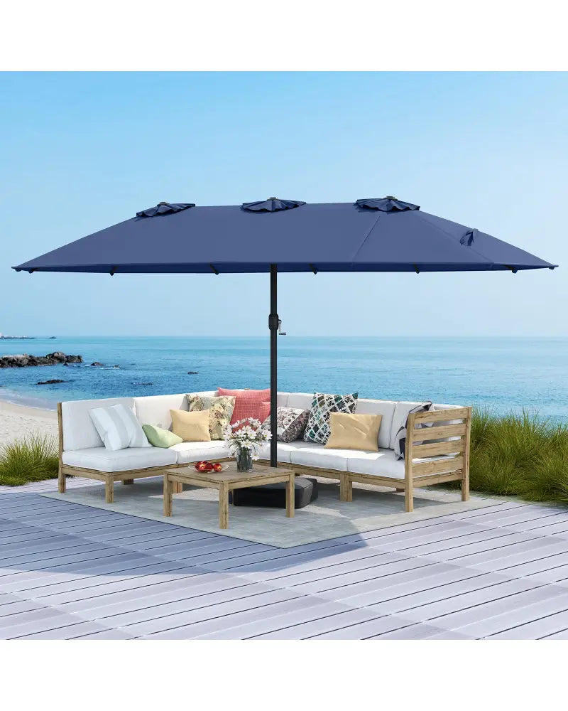15 Feet Double-Sided Twin Patio Umbrella with Crank and Base-Navy - Navy - Outdoor Umbrellas