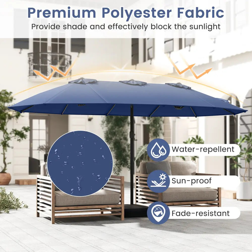 15 Feet Double-Sided Twin Patio Umbrella with Crank and Base-Navy - Navy - Outdoor Umbrellas