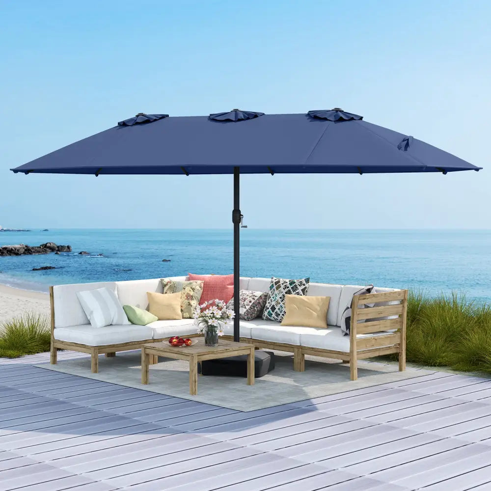 15 Feet Double-Sided Twin Patio Umbrella with Crank and Base-Navy - Navy - Outdoor Umbrellas