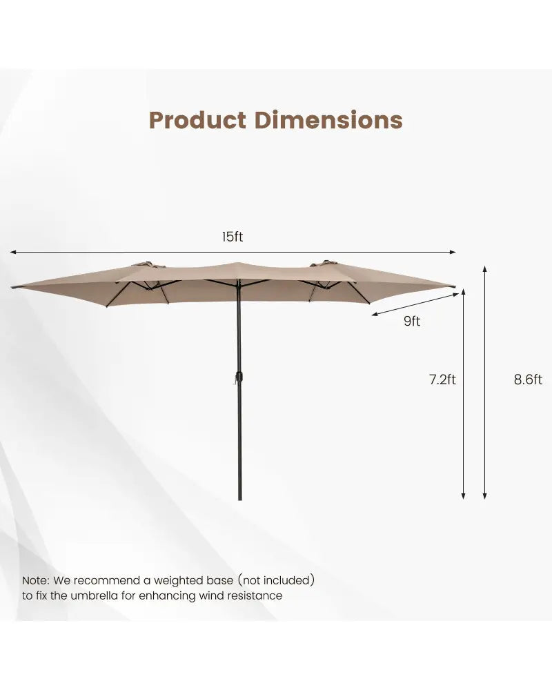 15 Feet Double-Sized Patio Umbrella with Crank Handle and Vented Tops-Brown - Brown - Outdoor Umbrellas