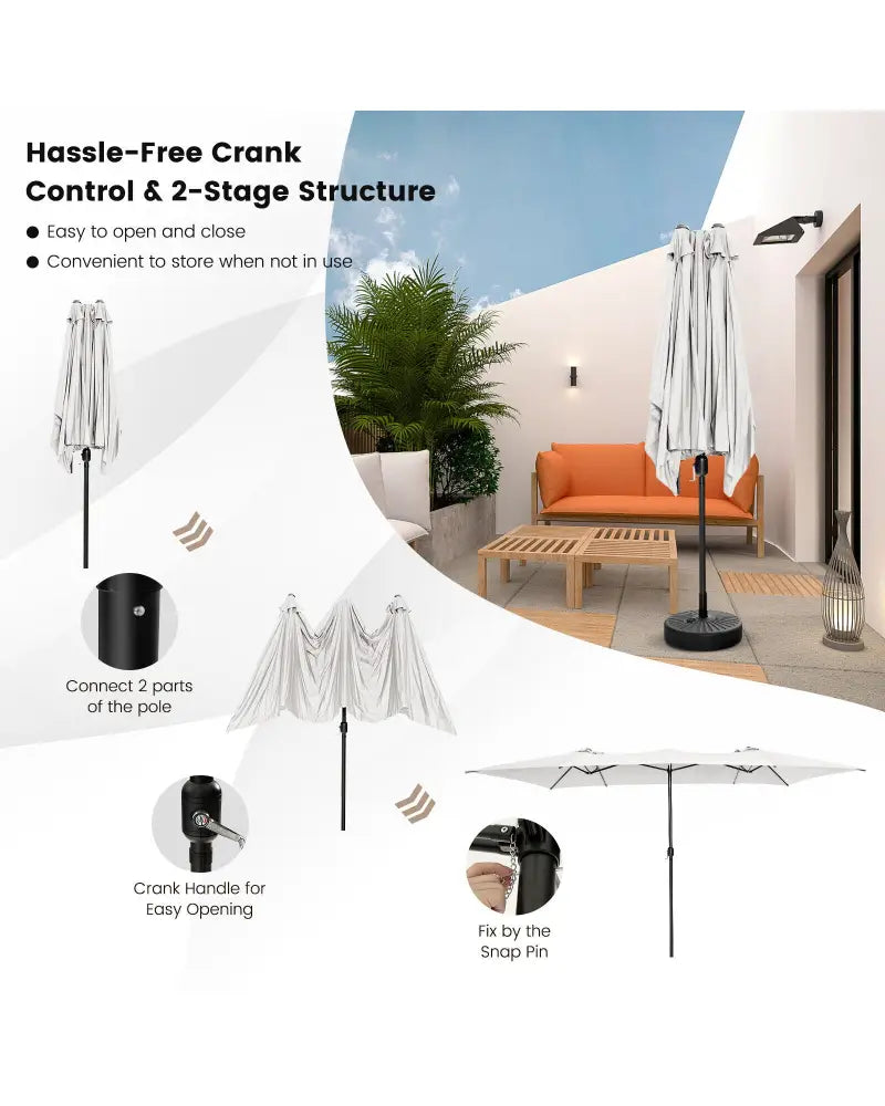 15 Feet Double-Sized Patio Umbrella with Crank Handle and Vented Tops-Beige - Beige - Outdoor Umbrellas