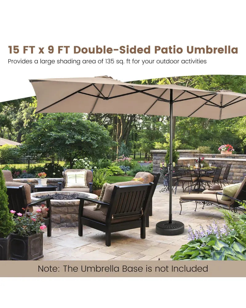 15 Feet Double-Sized Patio Umbrella with Crank Handle and Vented Tops-Brown - Brown - Outdoor Umbrellas